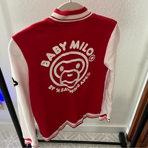 BAPE sz XS Baby Milo Red Baseball Jacket White Sleeves Fleece Bathing Ape Japan - Picture 7 of 11